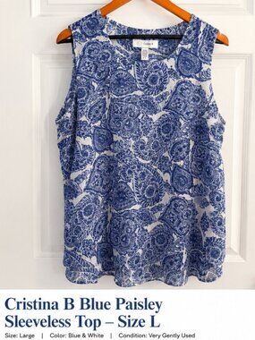 Cristina B Blue & White Paisley Sleeveless Blouse Top Size L